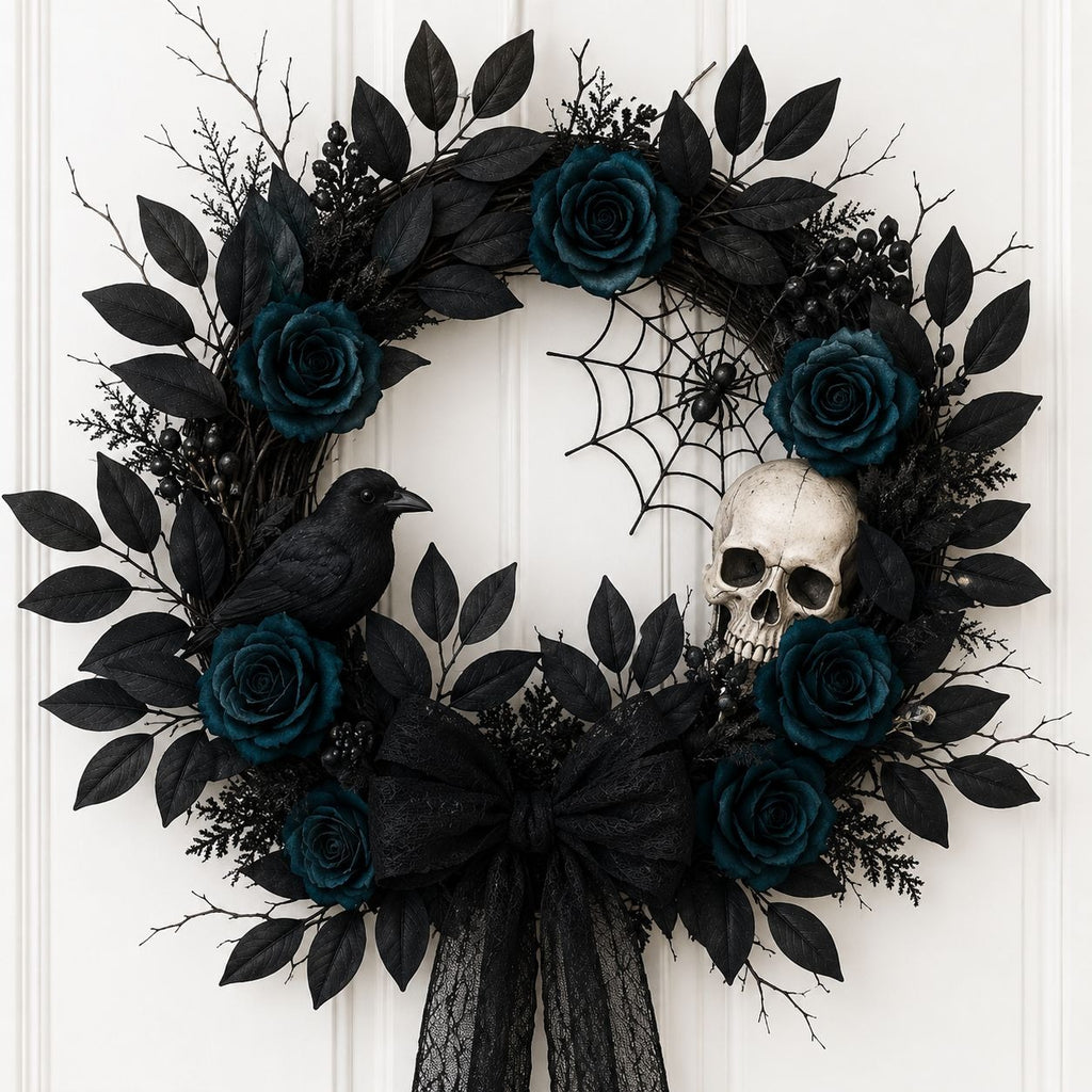 Gothic wreath with black roses, a skull, and a crow on a white background