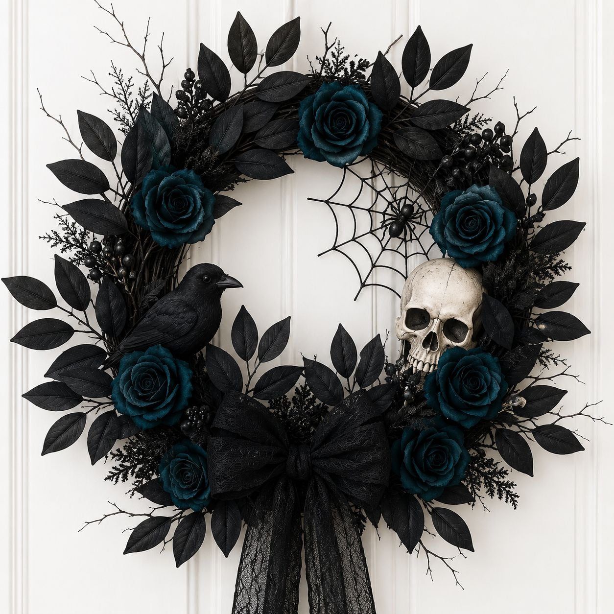 Gothic wreath with black roses, a skull, and a crow on a white background