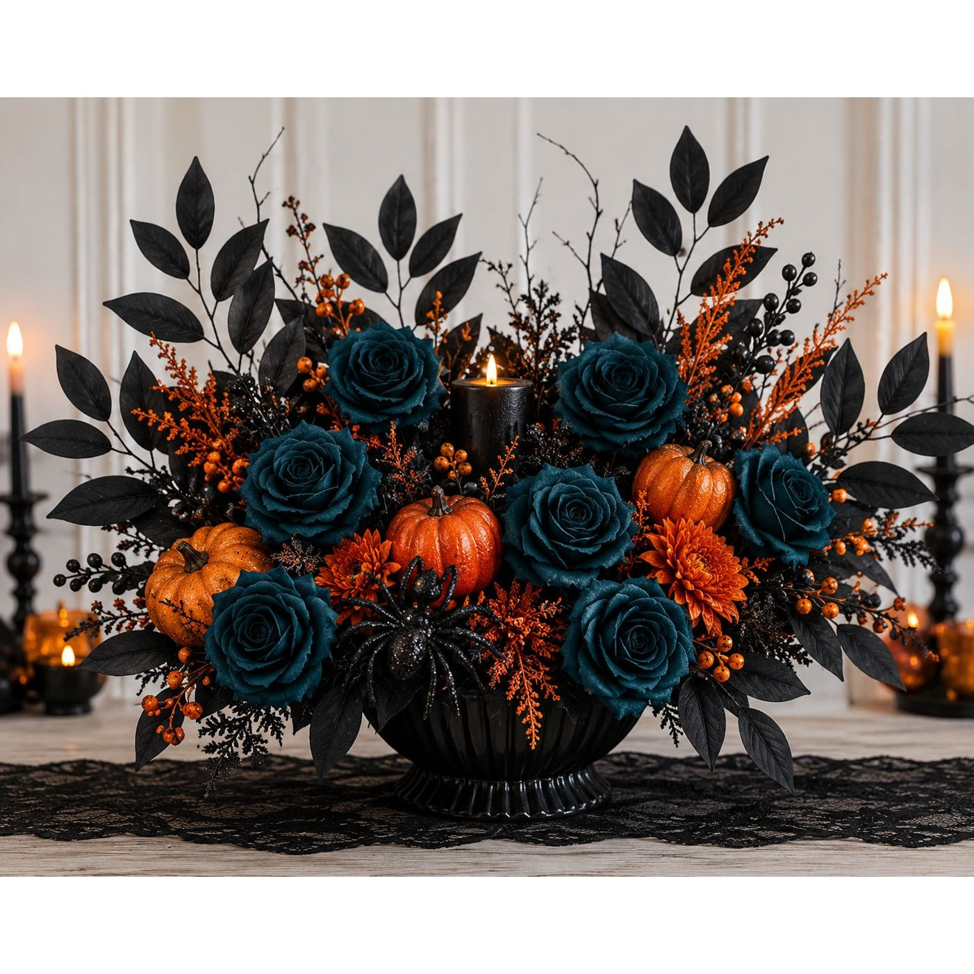 Halloween-themed floral arrangement with pumpkins and candles on a table.