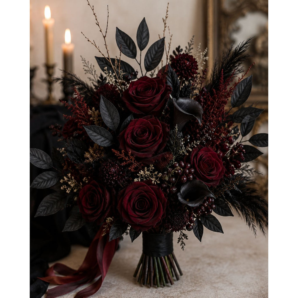 Bouquet of dark red roses and black leaves with candles in the background