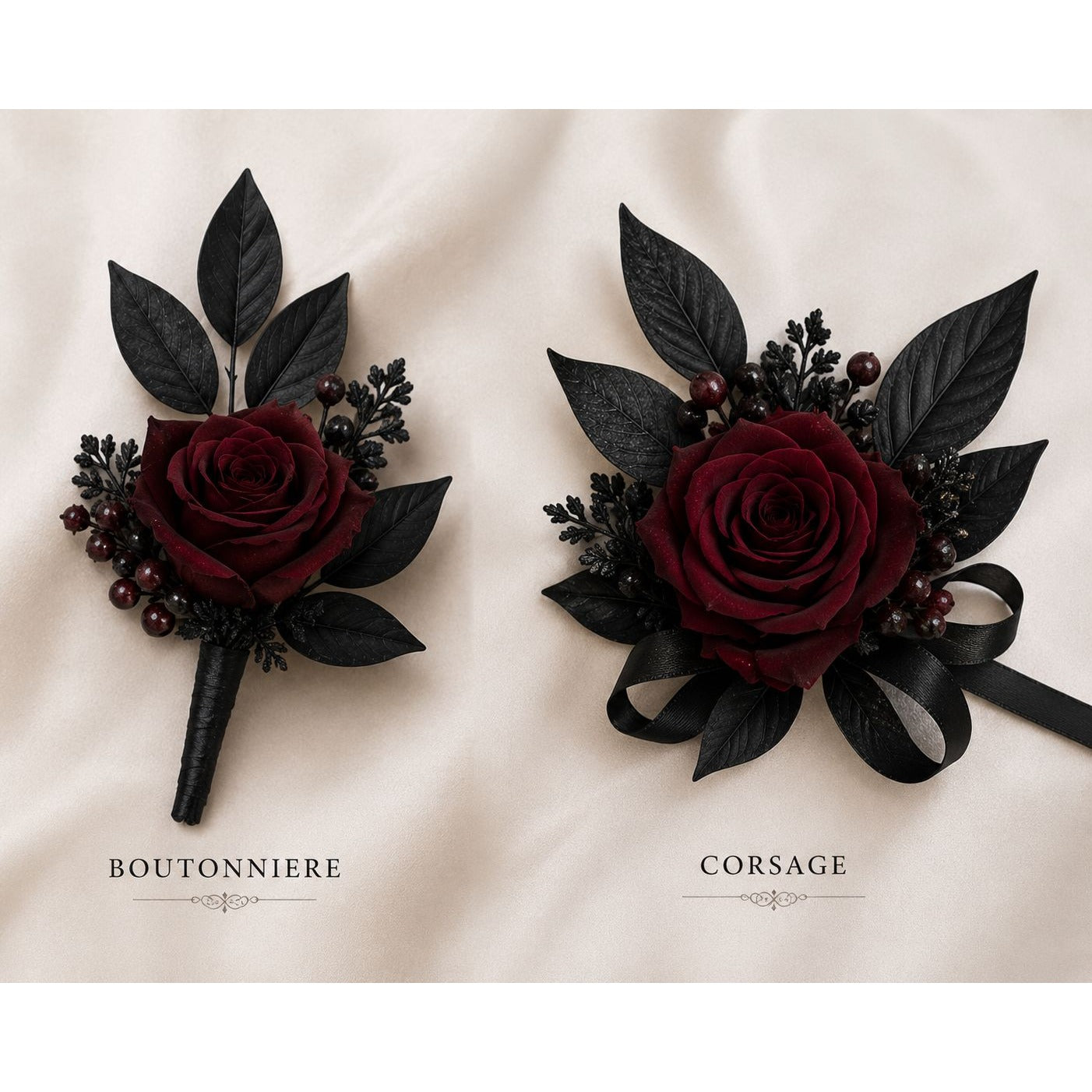Boutonniere and corsage with dark red roses and black leaves on a light background
