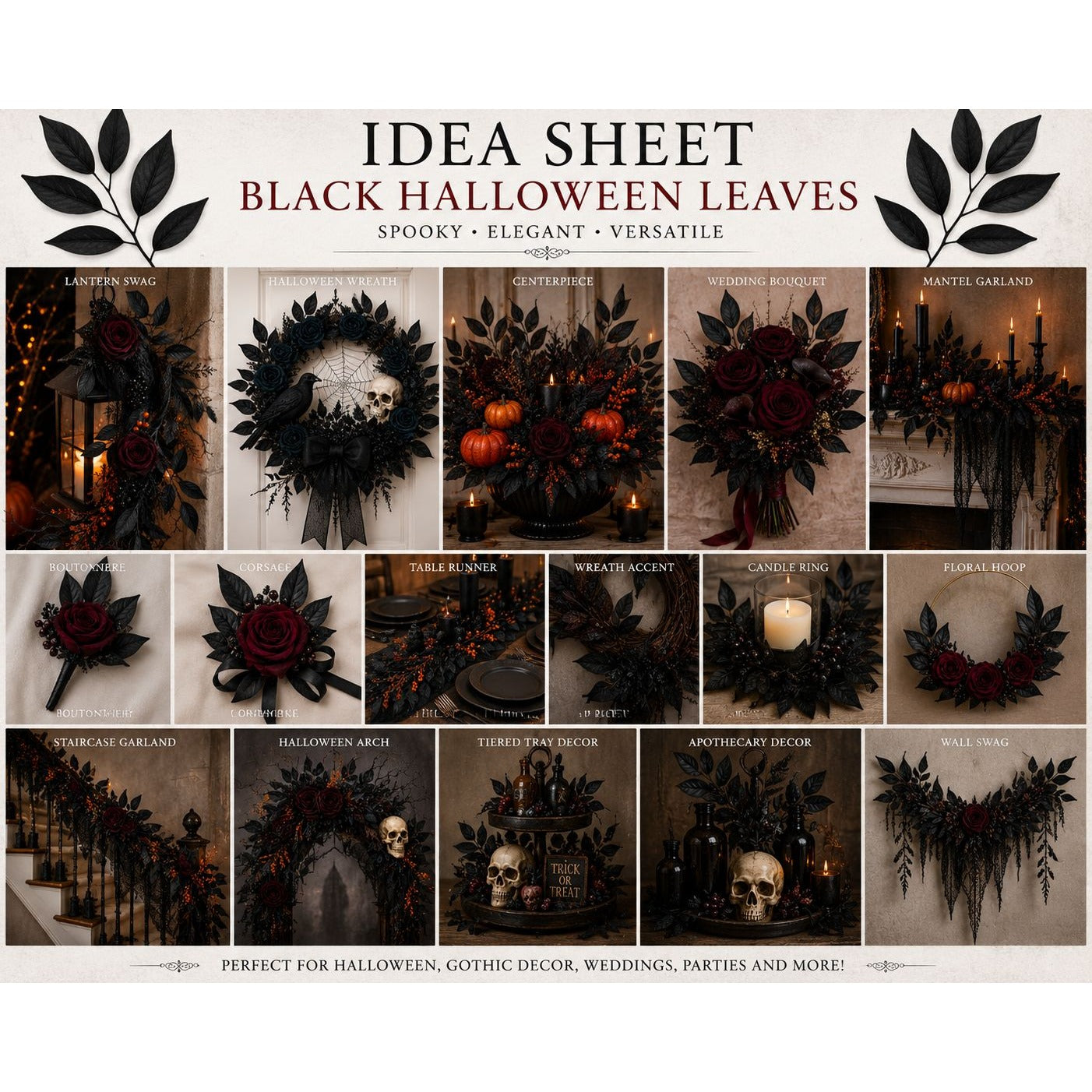 Idea sheet for black Halloween leaves with various decorative uses.