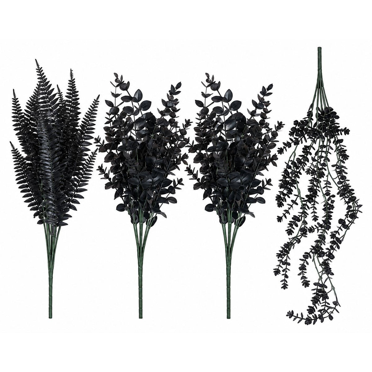 Black Artificial Greenery Set of 4, Eucalyptus, Fern & Hanging Plant