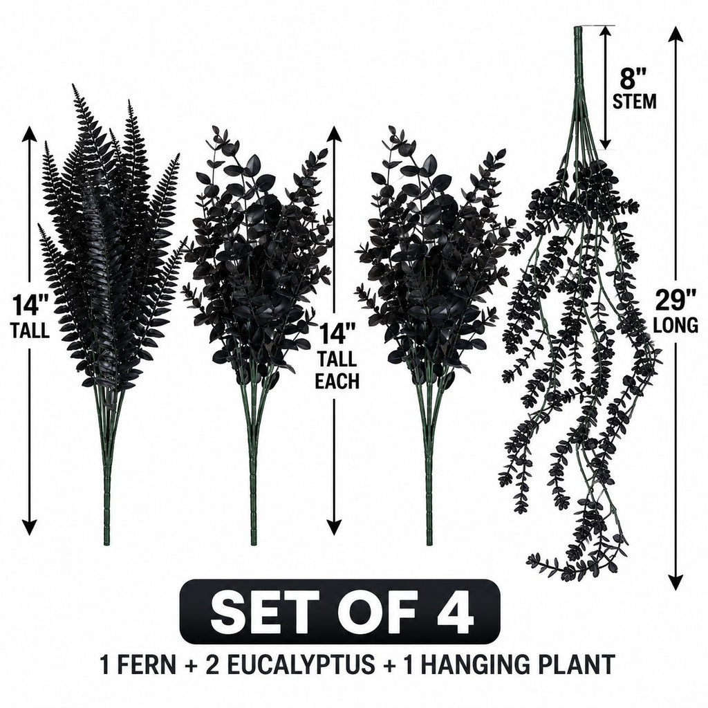 Black Artificial Greenery Set of 4, Eucalyptus, Fern & Hanging Plant