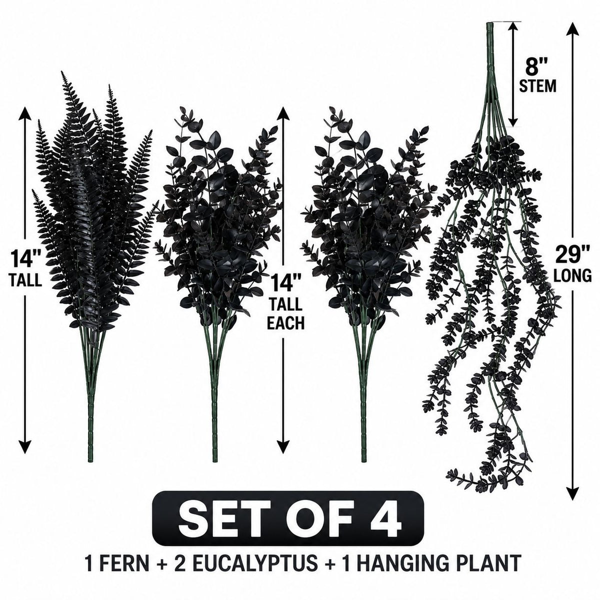 Black Artificial Greenery Set of 4, Eucalyptus, Fern & Hanging Plant