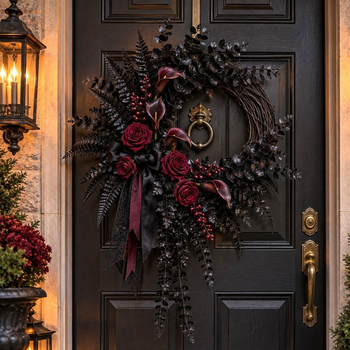 Black Artificial Greenery Set of 4, Eucalyptus, Fern & Hanging Plant