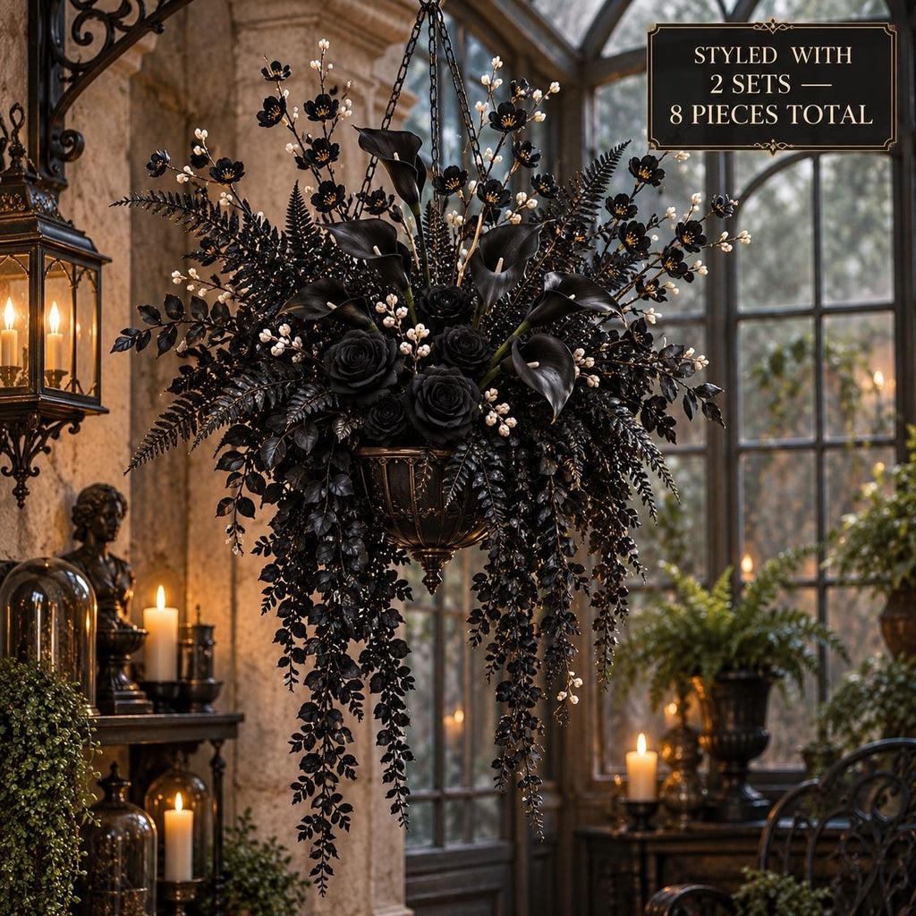 Black Artificial Greenery Set of 4, Eucalyptus, Fern & Hanging Plant