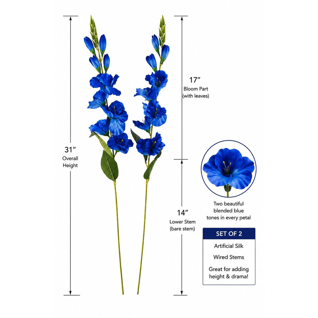 A product diagram showing two blue artificial flower stems with measurement labels: overall height 31 inches, bloom part length 17 inches, and lower stem length 14 inches. A circular inset shows a close-up of a blue flower, and a box notes the set contains two artificial silk wired stems.