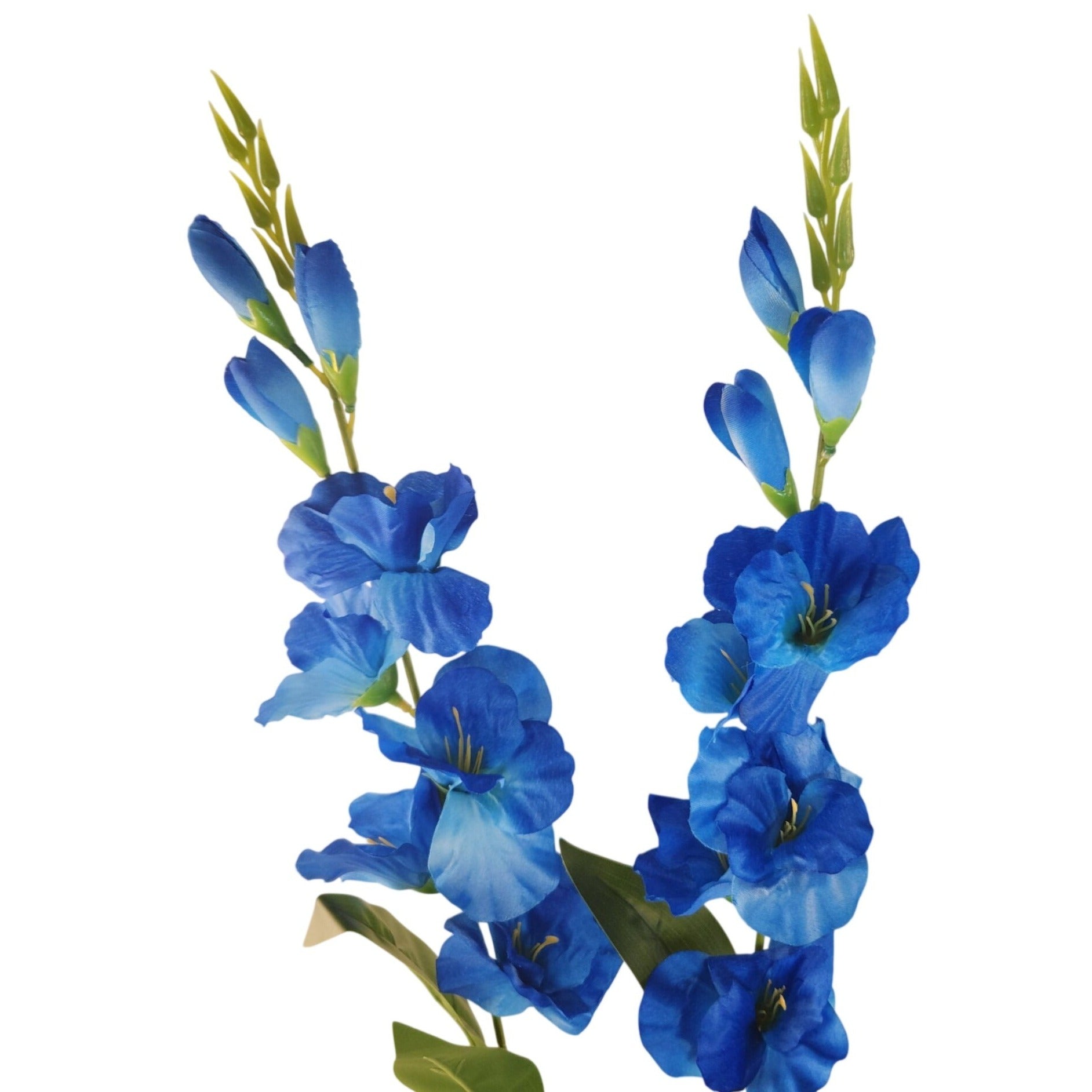 Artificial blue delphinium flower stems with green leaves, shown against a plain white background.