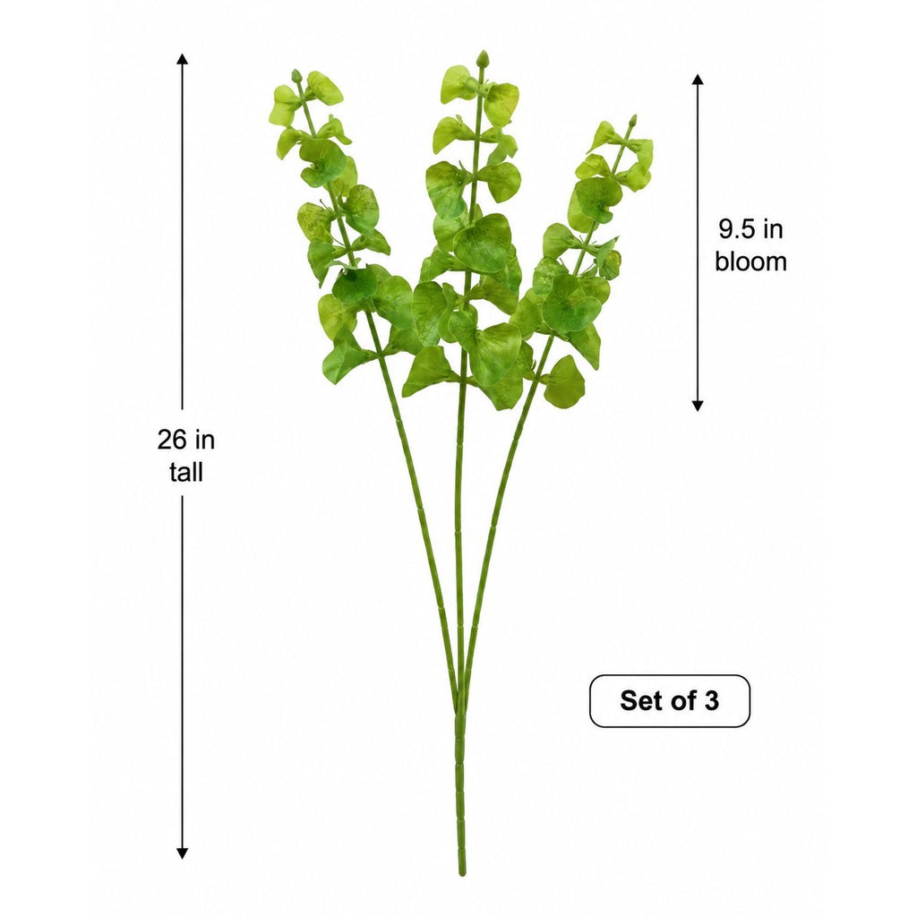 Three green artificial flowering stems shown on a white background with dimension labels indicating 26 in tall, 9.5 in bloom, and a set of 3.