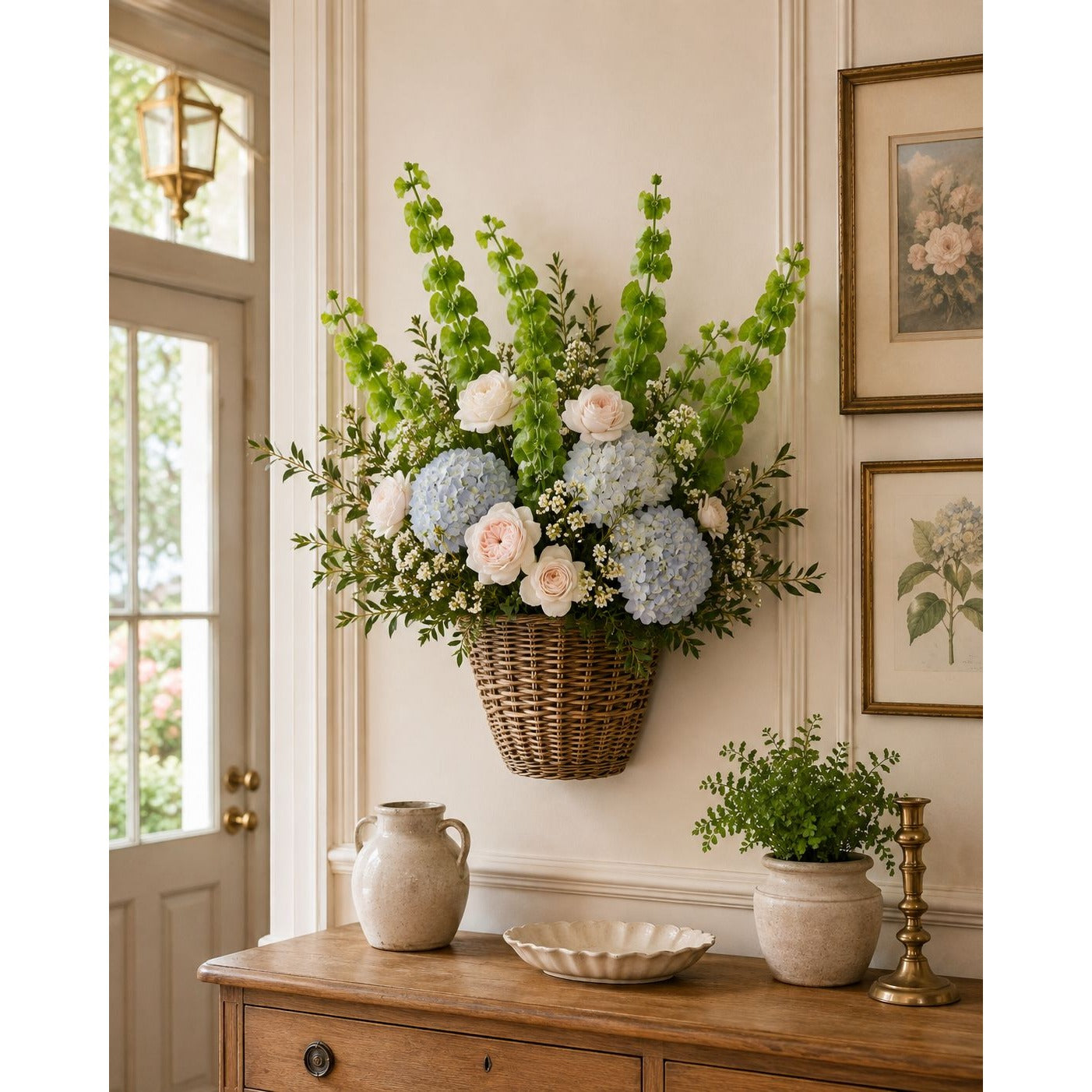 A lush hanging floral arrangement in a wicker basket, featuring light blue hydrangeas, pale pink roses, and green foliage, displayed on a wooden console table in a beautifully decorated room.