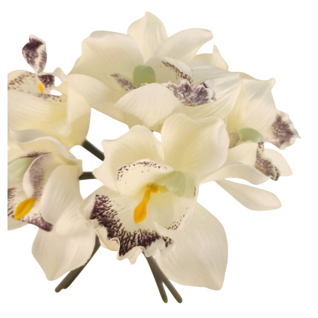 Ivory Cymbidium Orchid Artificial Flowers 7 Stem Bundle, Faux Orchid Wedding Flowers, DIY Corsage Boutonniere Supply