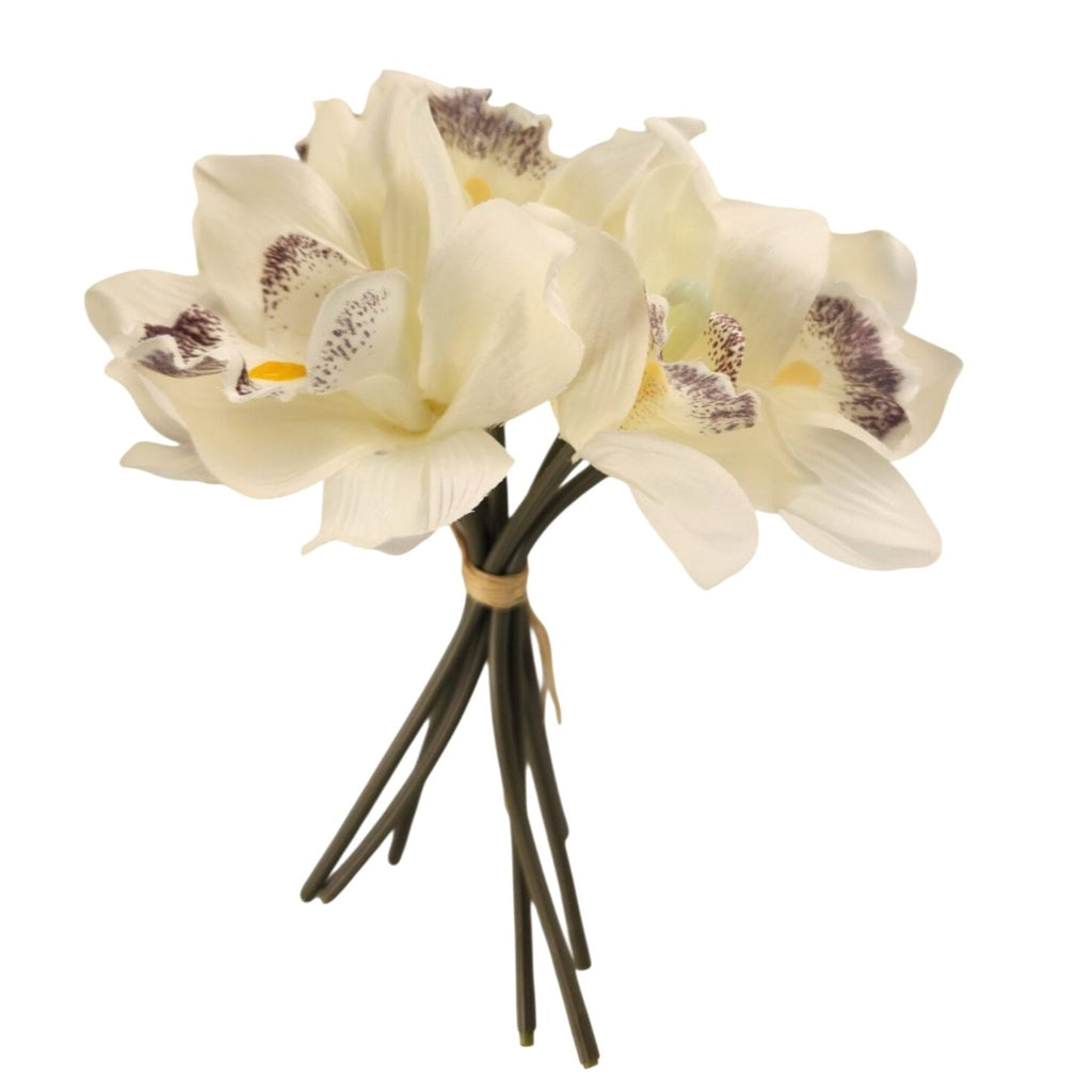 Ivory Cymbidium Orchid Artificial Flowers 7 Stem Bundle, Faux Orchid Wedding Flowers, DIY Corsage Boutonniere Supply