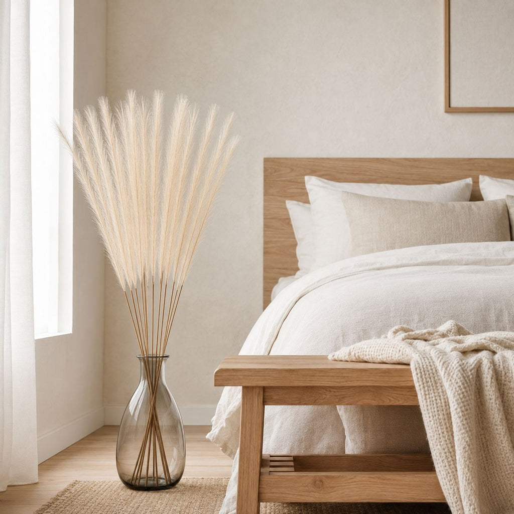A tall decorative vase filled with dried pampas grass stands beside a neatly made bed in a softly lit bedroom. The room has light wood furniture, white bedding, and a neutral wall.