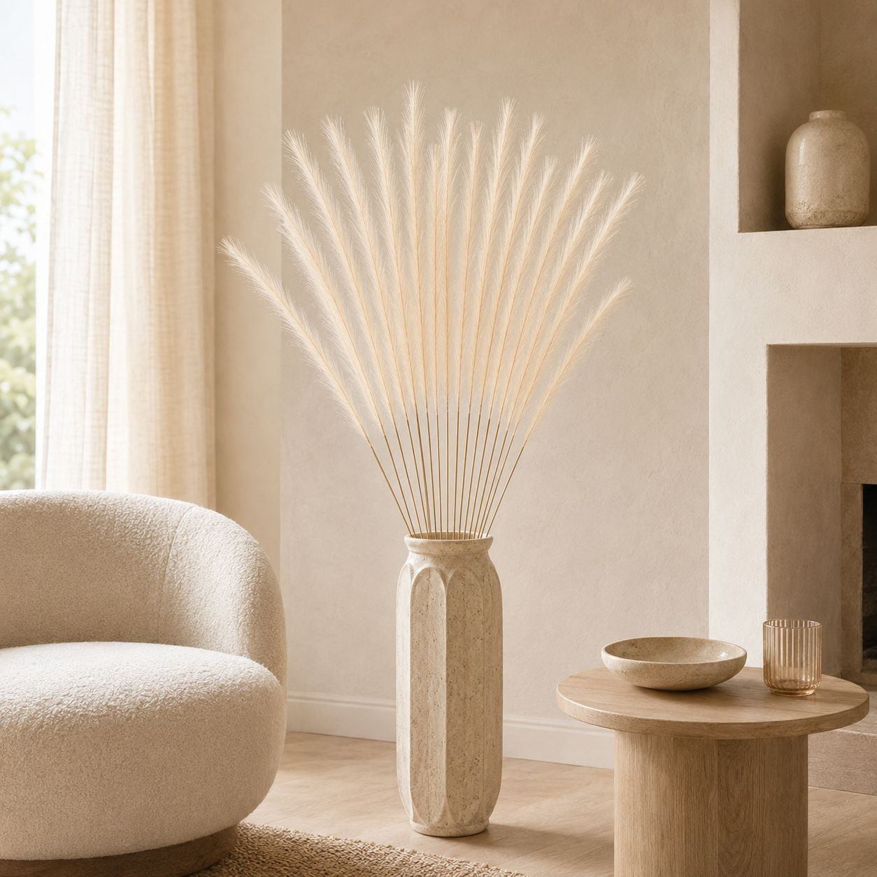 A tall textured beige vase holding a large fan arrangement of fluffy cream pampas grass, styled in a warm neutral living room beside a curved upholstered chair and a small round side table.
