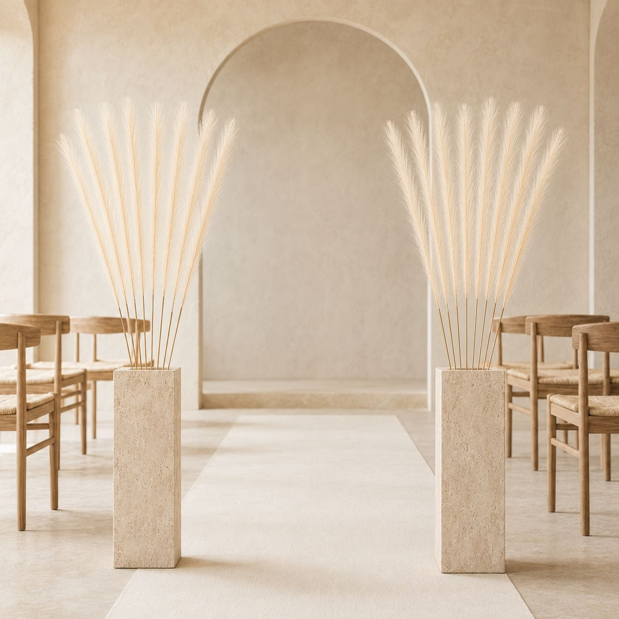 Two tall beige pampas grass arrangements in rectangular stone planters, placed on either side of a white runner in a minimalist beige interior with wooden chairs and an arched wall background.