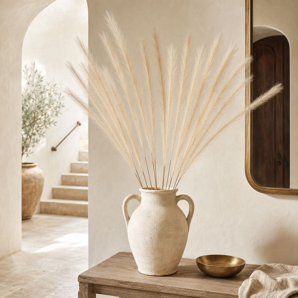 A rustic beige ceramic vase filled with tall, feathery pampas grass, styled on a wooden console table next to a small brass bowl in a warm, neutral-toned interior setting.