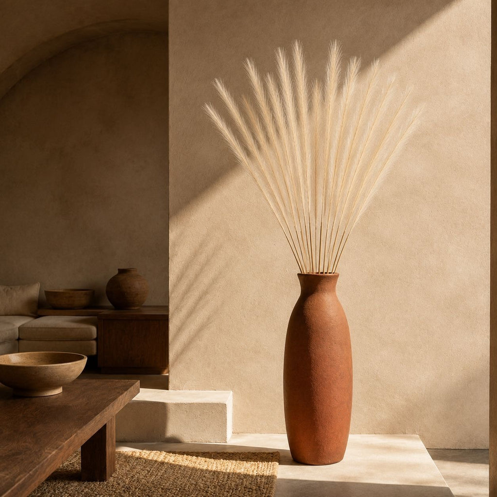 A tall terracotta-colored ceramic vase filled with dried pampas grass, styled on a white pedestal in a warm, minimalist room with textured beige walls and natural sunlight.