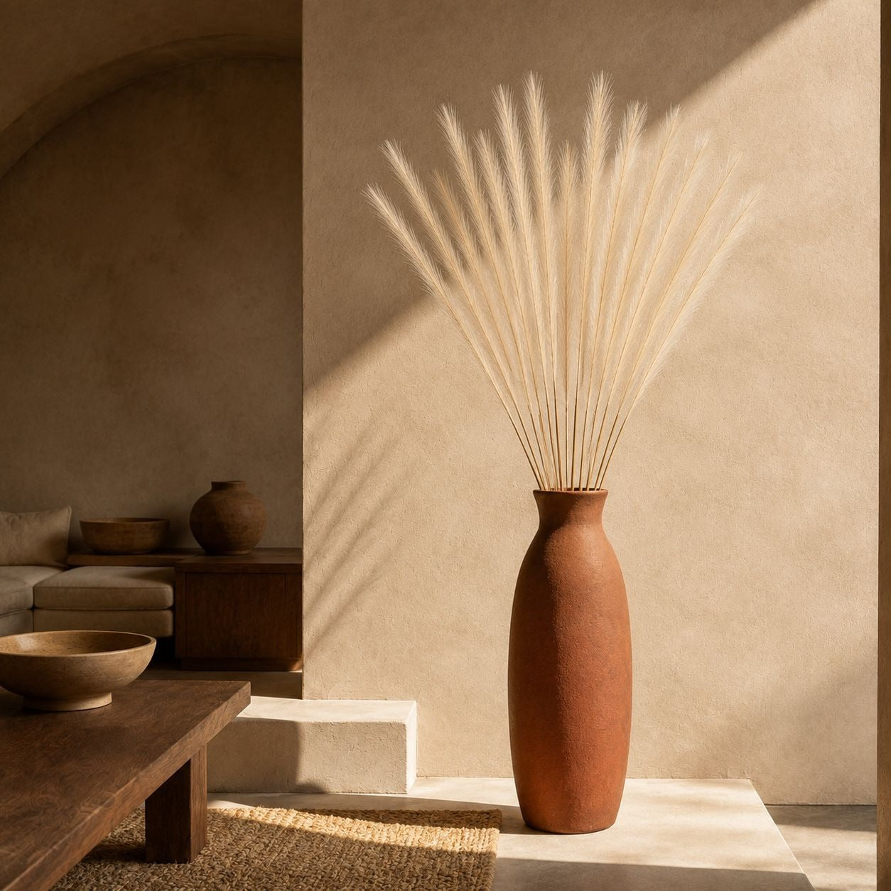 A tall terracotta-colored ceramic vase filled with dried pampas grass, styled on a white pedestal in a warm, minimalist room with textured beige walls and natural sunlight.