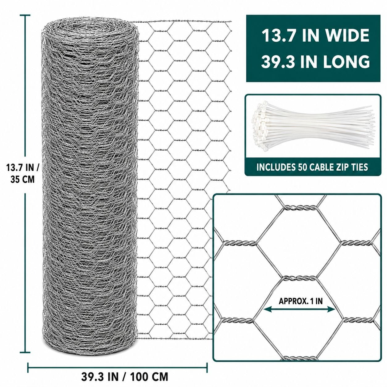 Galvanized Chicken Wire with 50 Zip Ties, 13.7 x 39.3 In Garden Craft Mesh