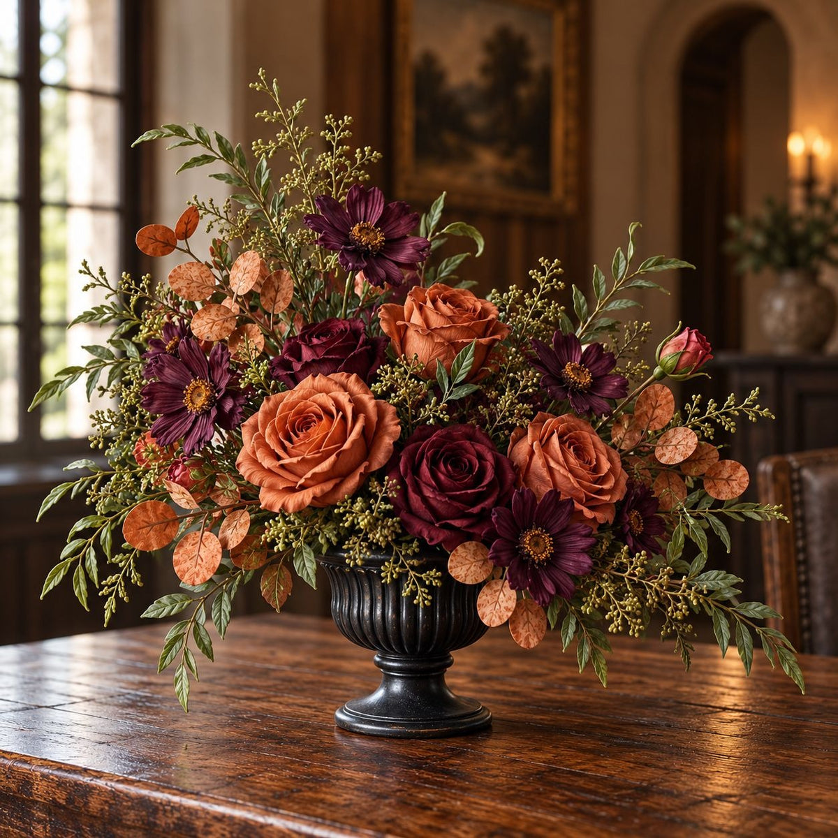 Rust Orange Artificial Dollar Eucalyptus, 3 Faux Terracotta Stems, 14 Inch
