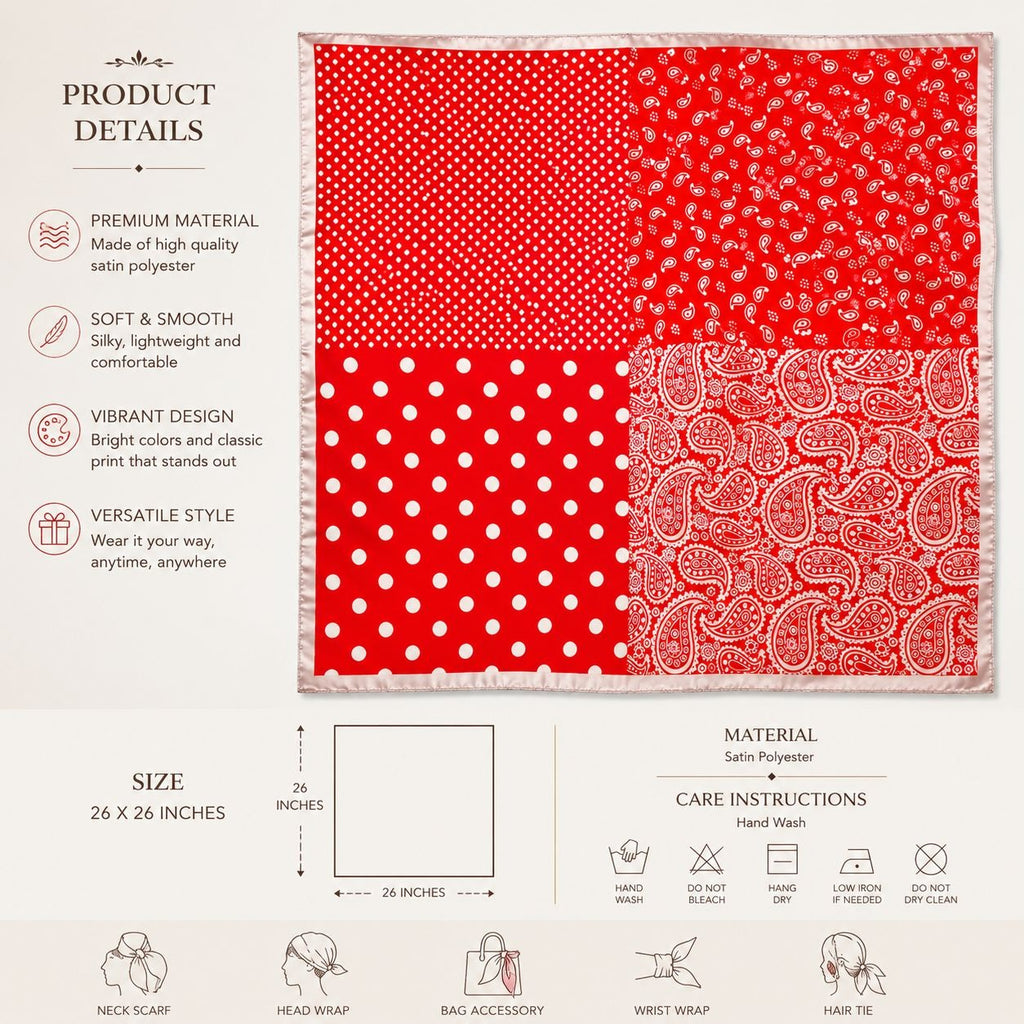 Red bandana with white polka dots and paisley patterns, featuring product details on a white background.