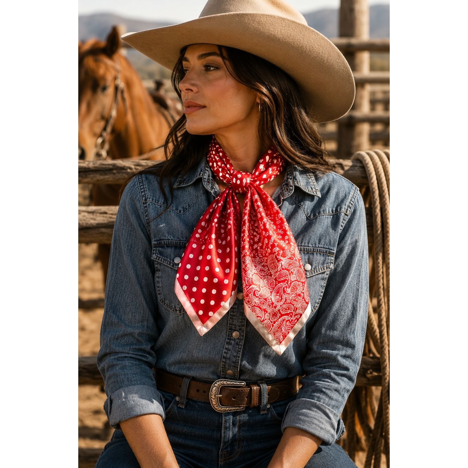 Woman wearing a red polka dot scarf and cowboy hat in a rustic setting with a horse.