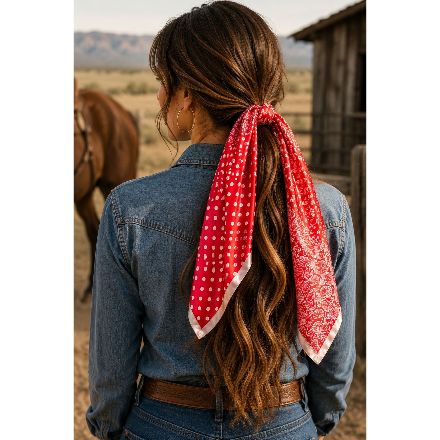 Person with a red polka dot bandana in their hair, standing in a rustic outdoor setting with a horse.