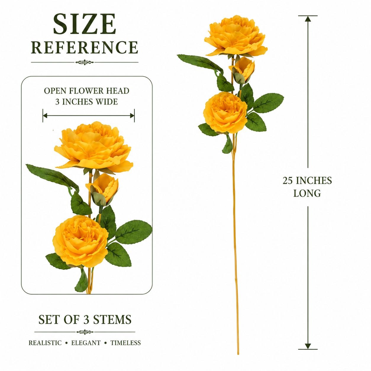 Set of 3 Golden Yellow Rose Stems Faux Roses Artificial Flowers Farmhouse Cottagecore Decor 25 Inch