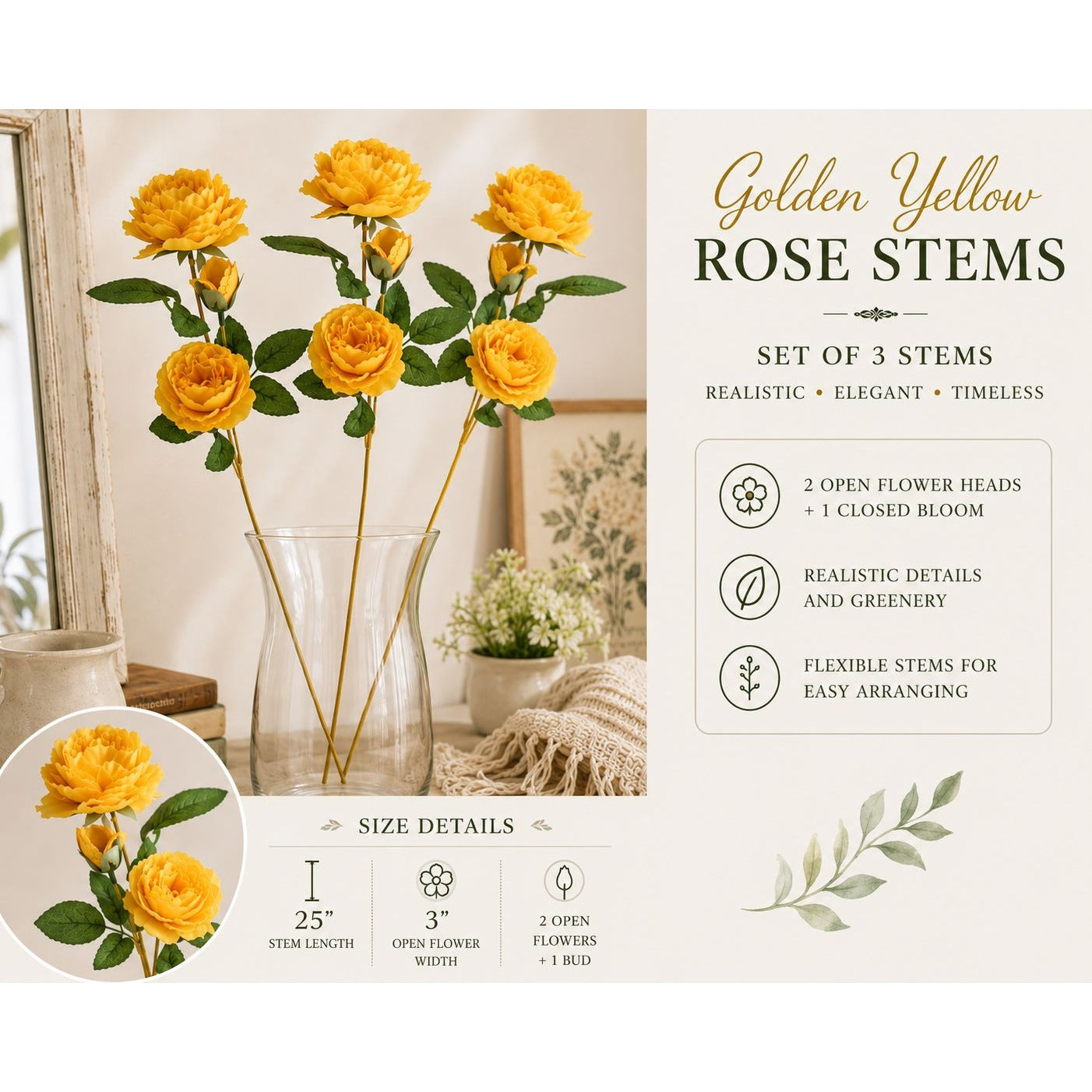 Set of 3 Golden Yellow Rose Stems Faux Roses Artificial Flowers Farmhouse Cottagecore Decor 25 Inch
