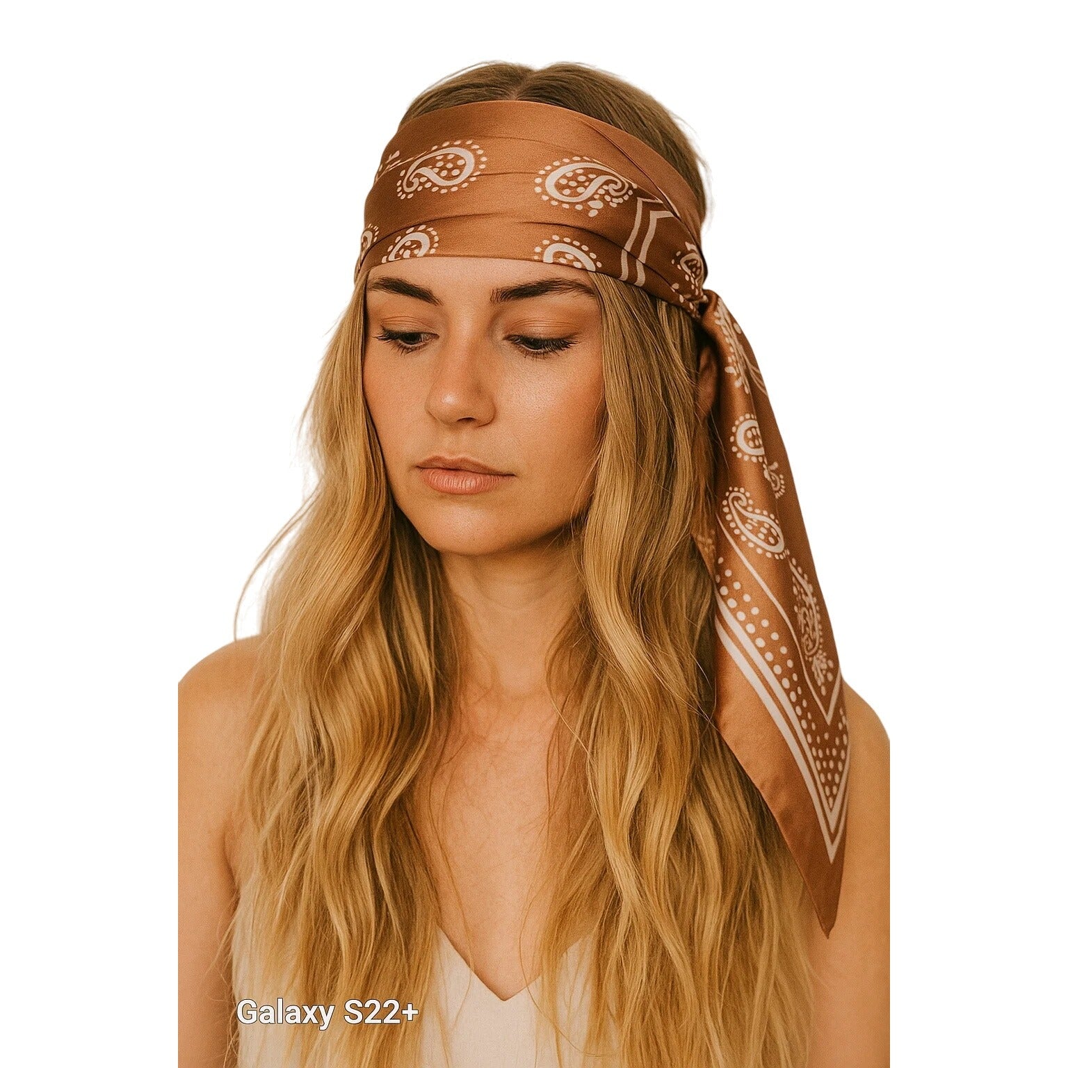 Tan Paisley Square Scarf Wild Rag Bandana Print Satin Neck Head Wrap 27 in