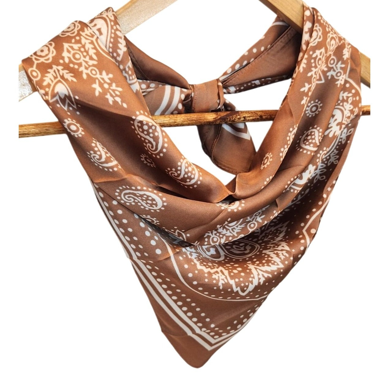 Tan Paisley Square Scarf Wild Rag Bandana Print Satin Neck Head Wrap 27 in