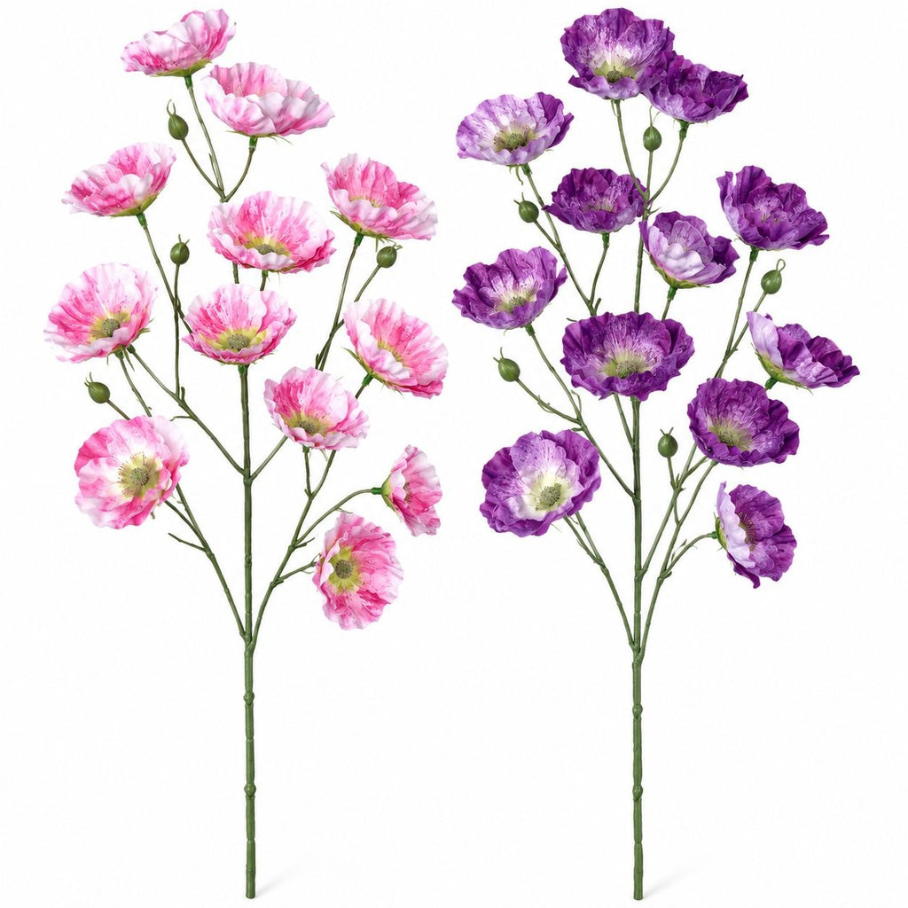 Pink Purple Artificial Wild Poppy Stems Set of 2, 31-Inch Faux Flowers