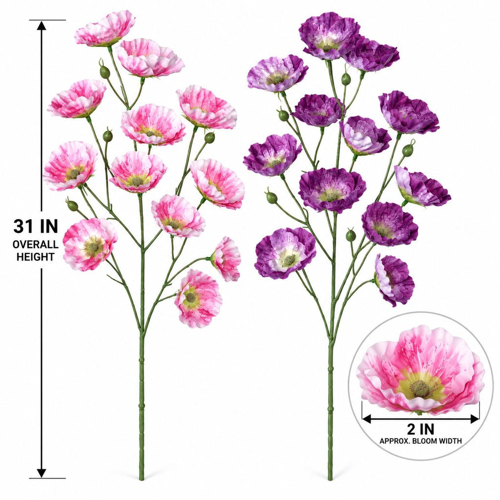 Pink Purple Artificial Wild Poppy Stems Set of 2, 31-Inch Faux Flowers