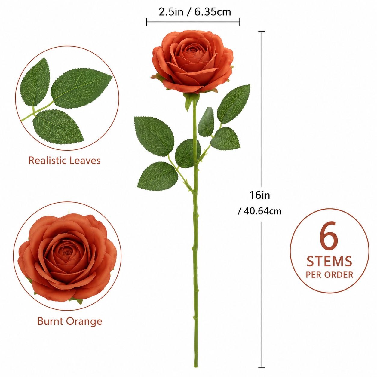 Burnt orange artificial rose with measurements and details on a white background