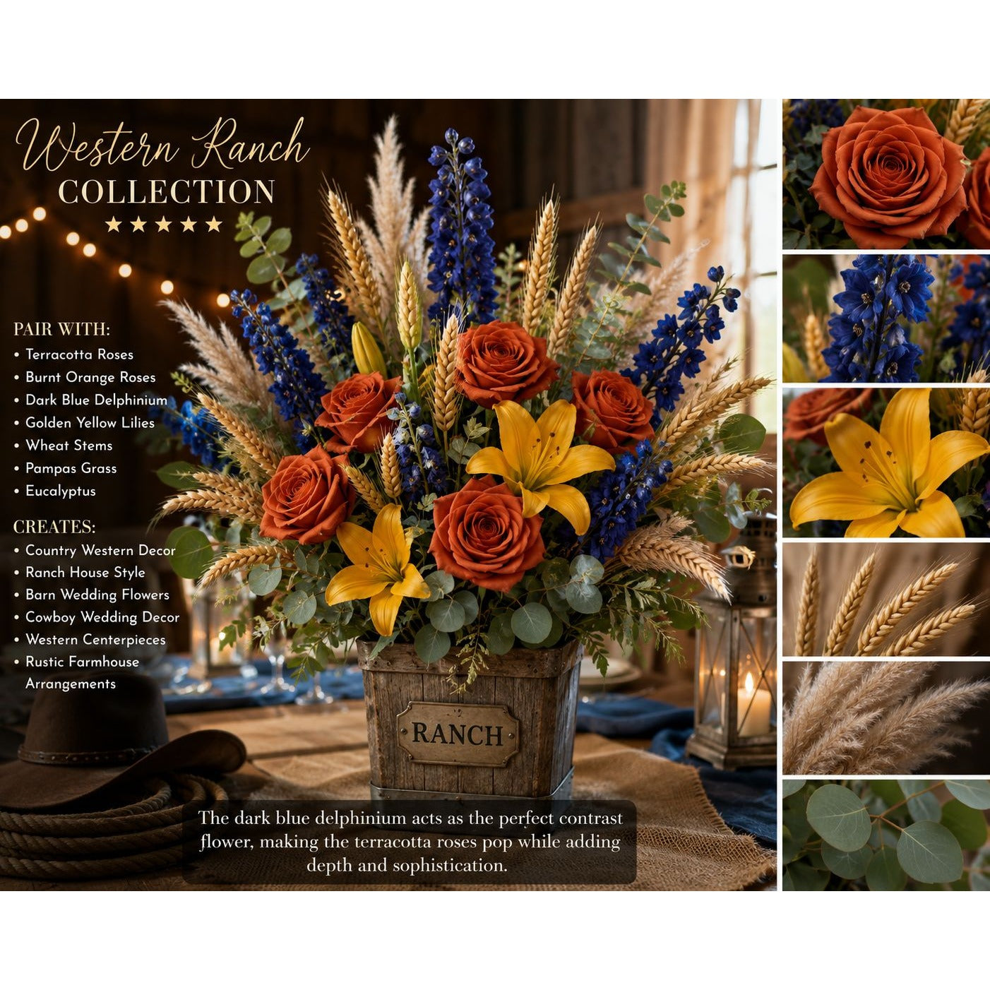 Floral arrangement with roses, delphinium, and wheat in a wooden box labeled 'Ranch', surrounded by additional flower images and text about the 'Western Ranch Collection'.