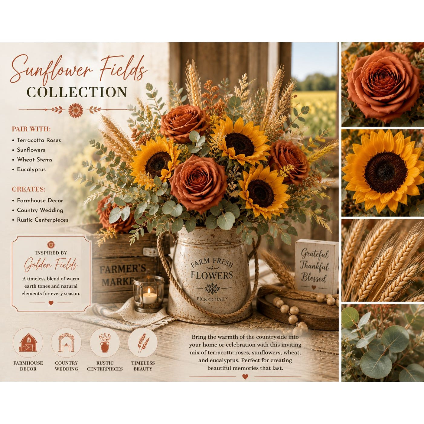 Sunflower Fields Collection with sunflowers, roses, and wheat in a rustic vase.