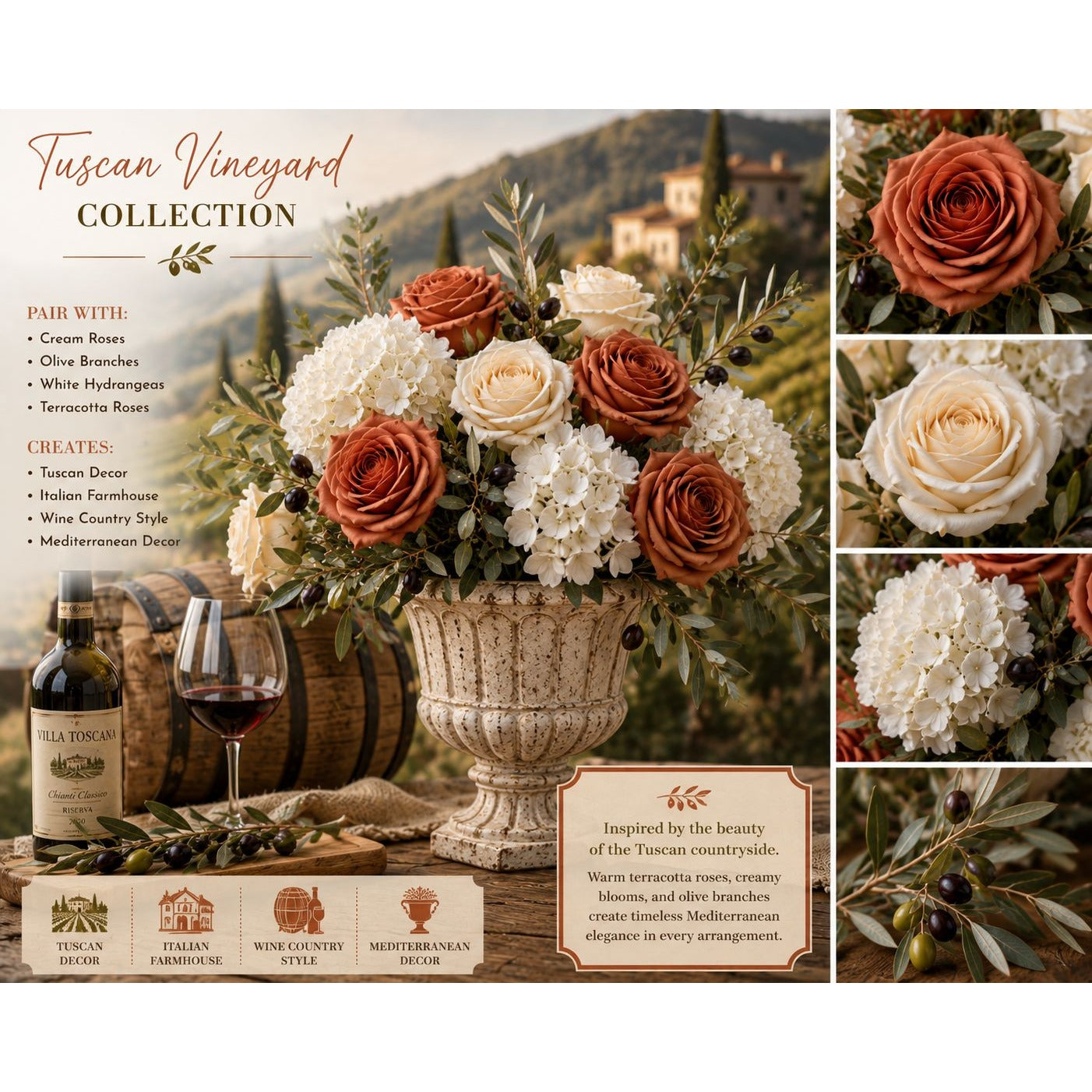 Floral arrangement in a Tuscan Vineyard setting with wine and olive oil, featuring a collage of flowers.