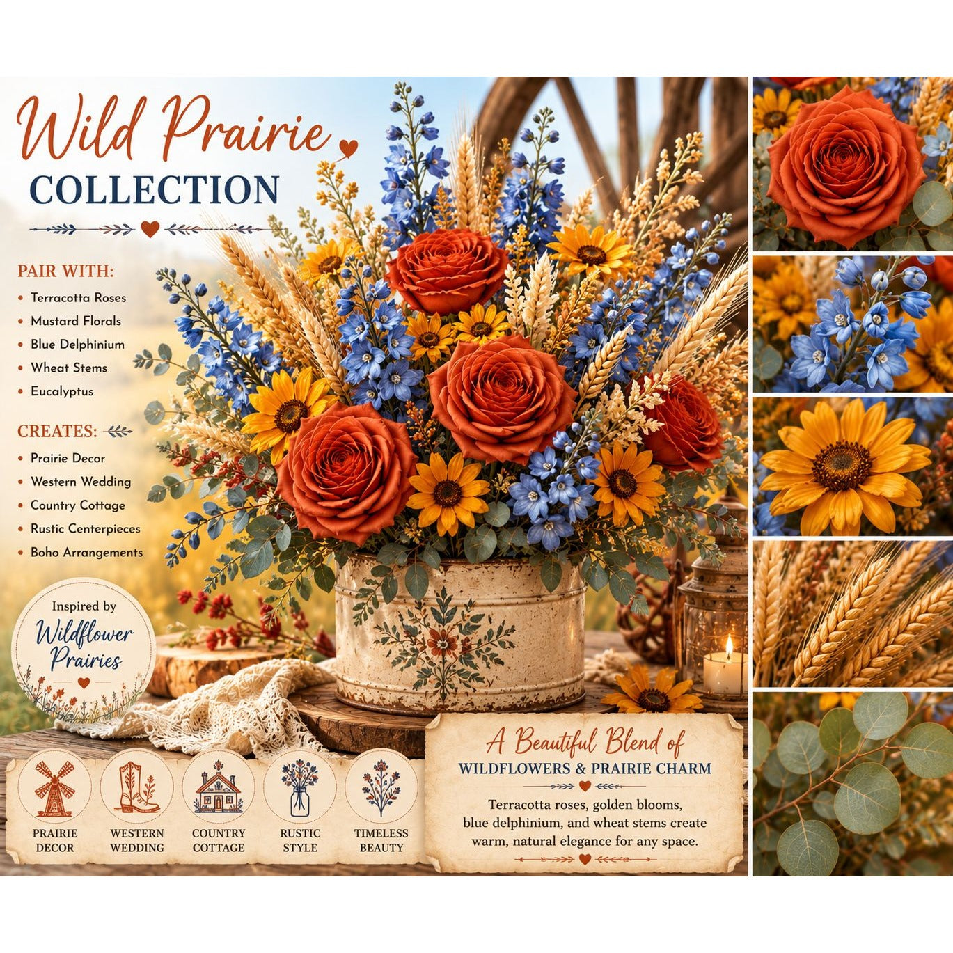 Collage of a floral arrangement with text about the 'Wild Prairie Collection' featuring terracotta roses, sunflowers, and wheat.