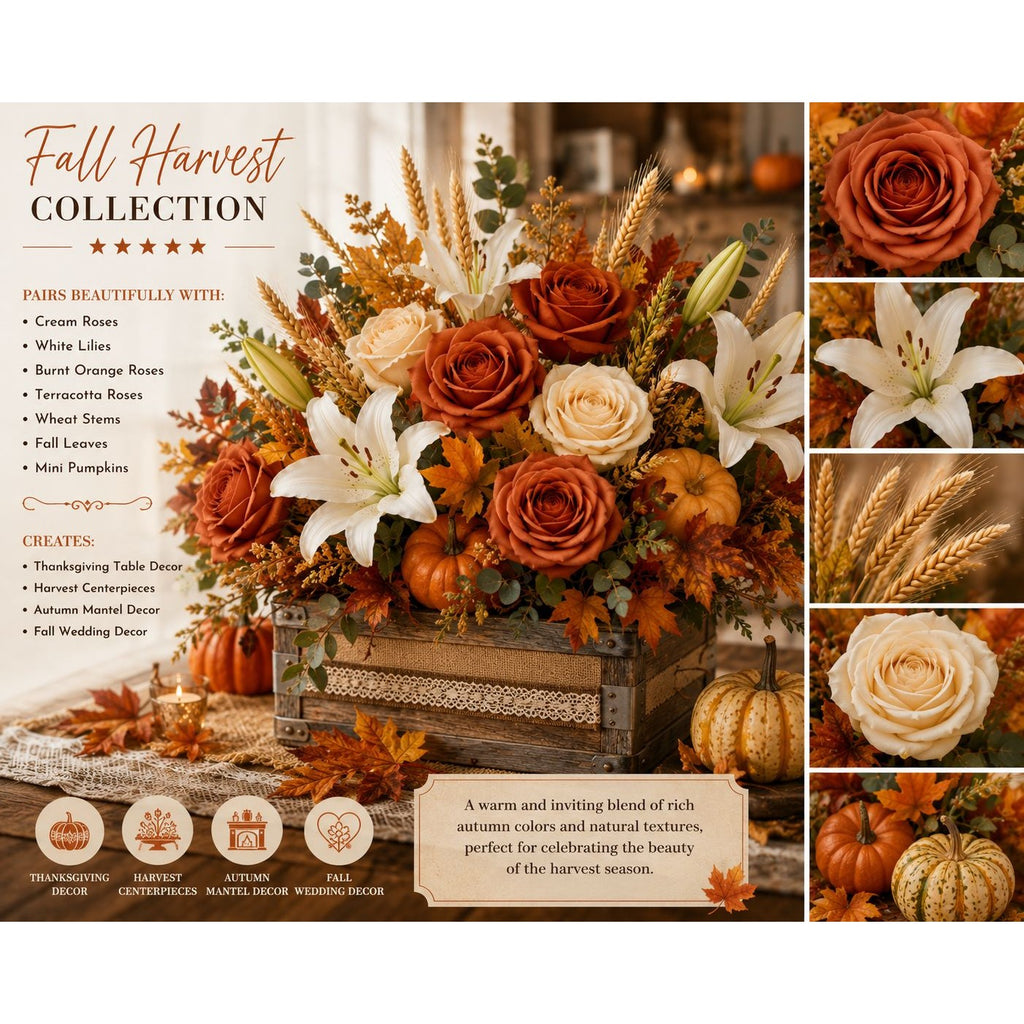 Collage of fall-themed floral arrangement with pumpkins and wheat, featuring text on a warm autumnal background.