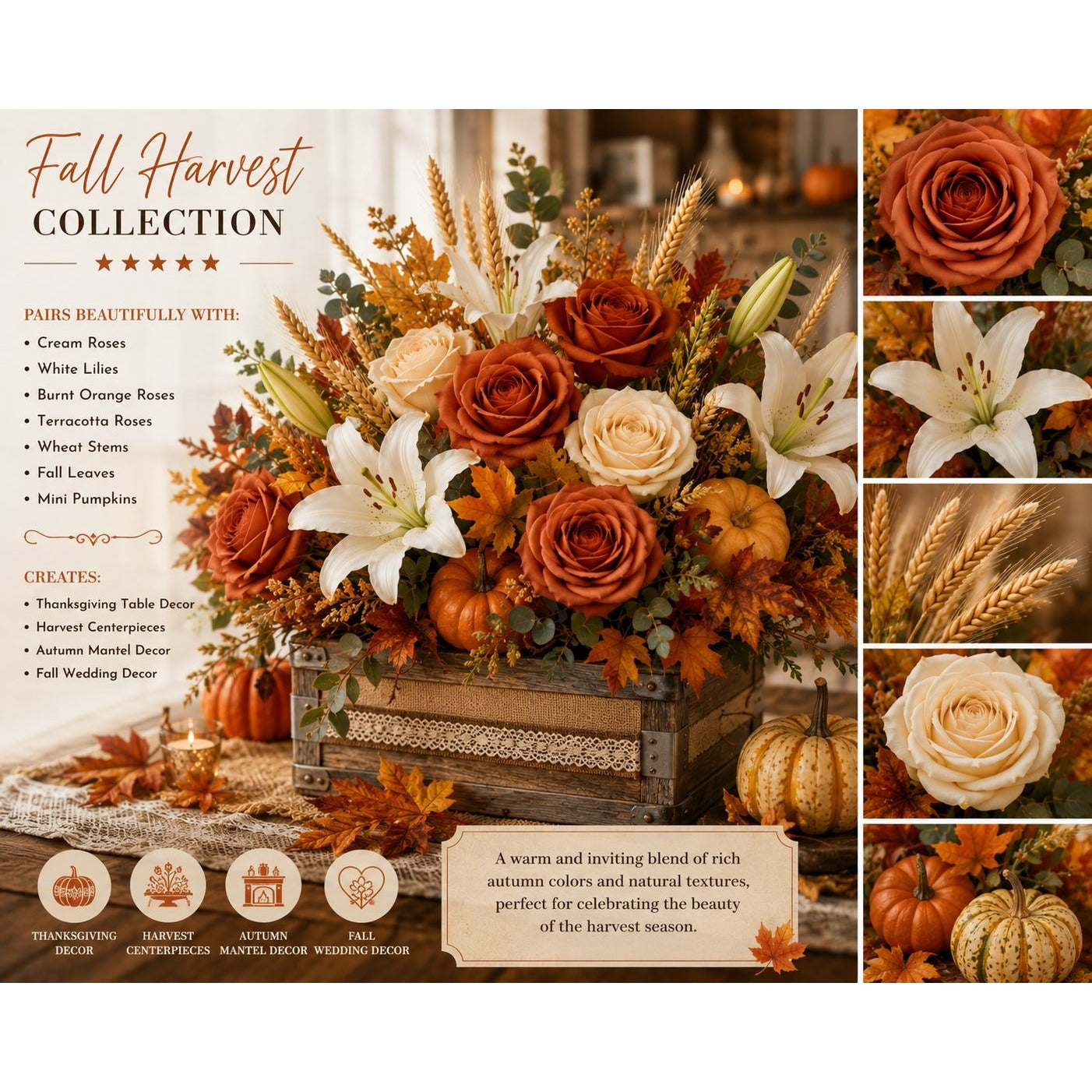 Collage of fall-themed floral arrangement with pumpkins and wheat, featuring text on a warm autumnal background.