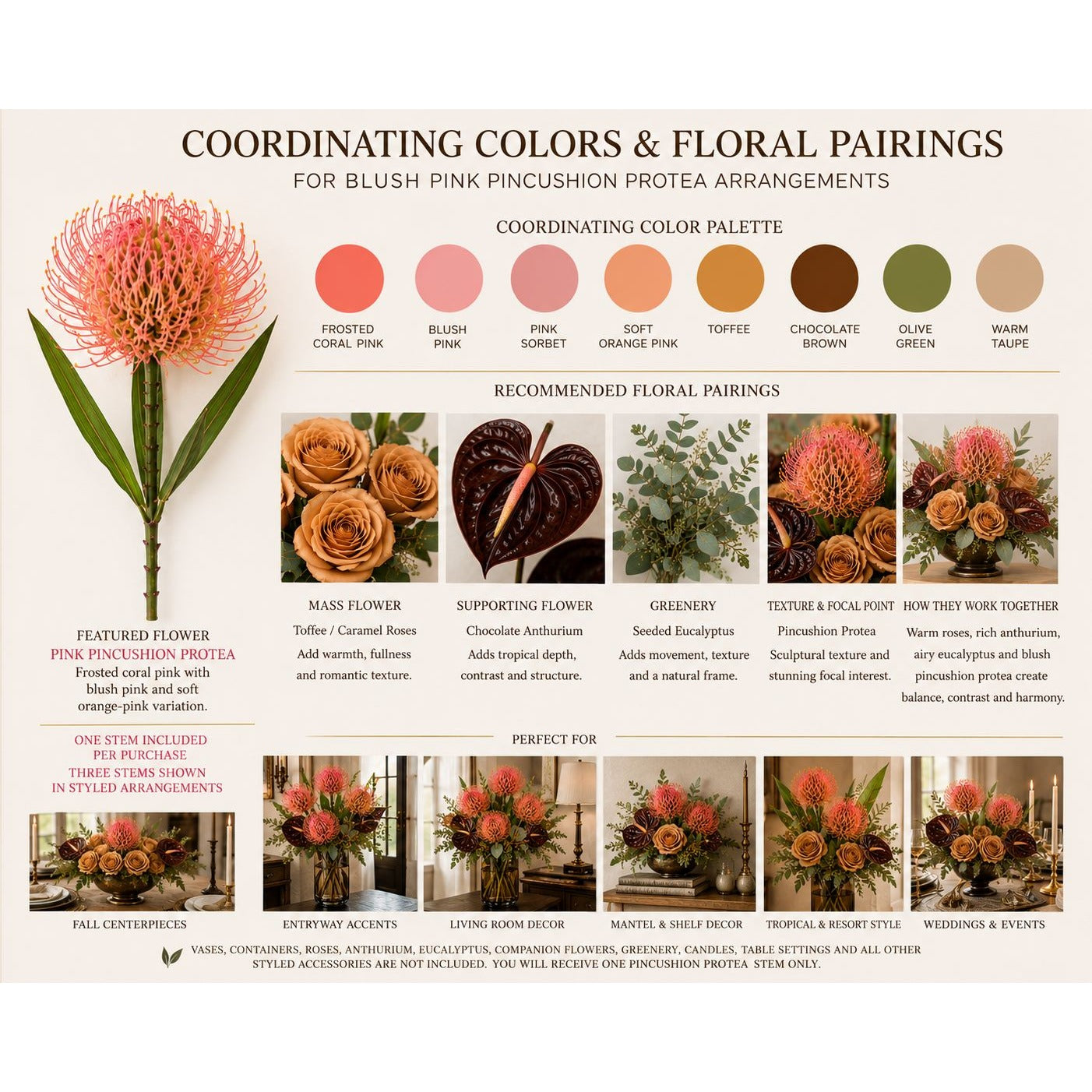 Artificial Blush Pink Pincushion Protea Stem 20 Inch Faux Leucospermum Flower Fall Tropical Vase Decor