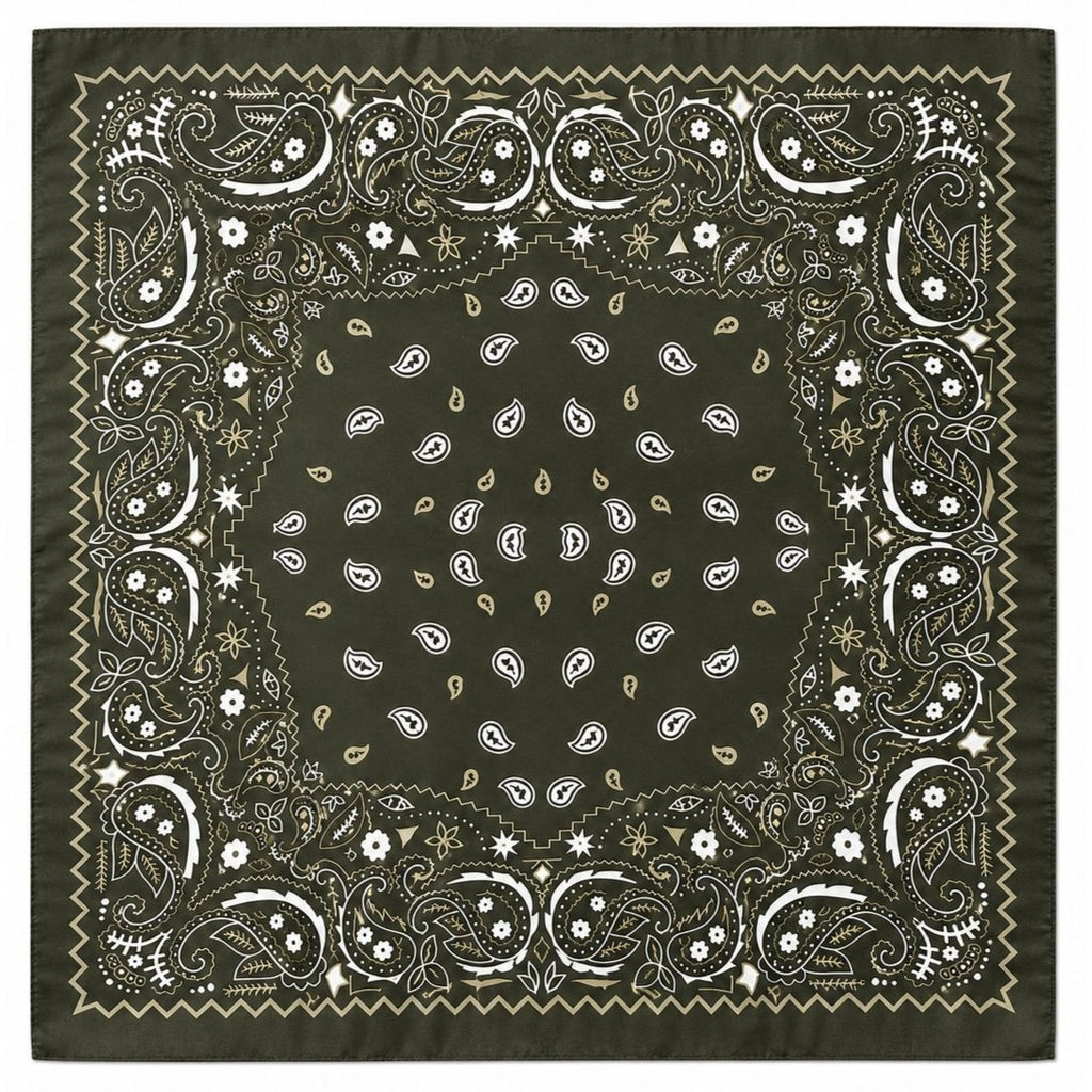 A square bandana featuring a classic paisley pattern in olive green, white, and gold, shown flat against a white background.