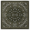 A square bandana featuring a classic paisley pattern in olive green, white, and gold, shown flat against a white background.