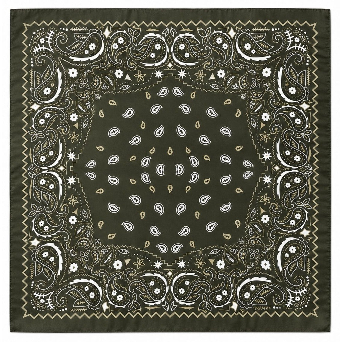 A square bandana featuring a classic paisley pattern in olive green, white, and gold, shown flat against a white background.