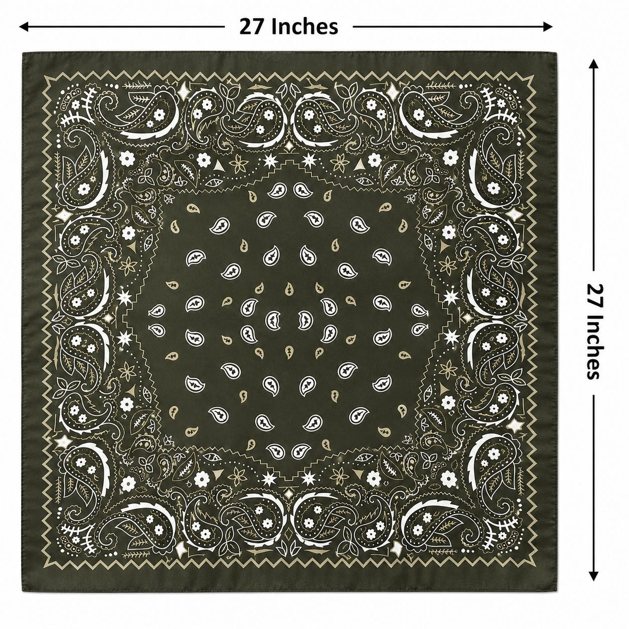 A square bandana with a dark olive green background and a white paisley border and central pattern, shown with dimension arrows and text indicating 27 inches by 27 inches.