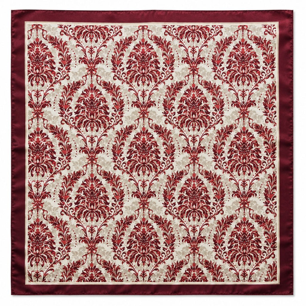 Burgundy Cream Damask Wild Rag Scarf 35x35 Satin Polyester Western