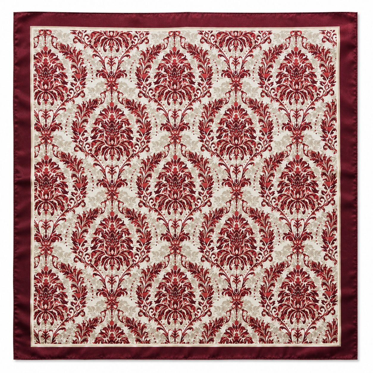 Burgundy Cream Damask Wild Rag Scarf 35x35 Satin Polyester Western