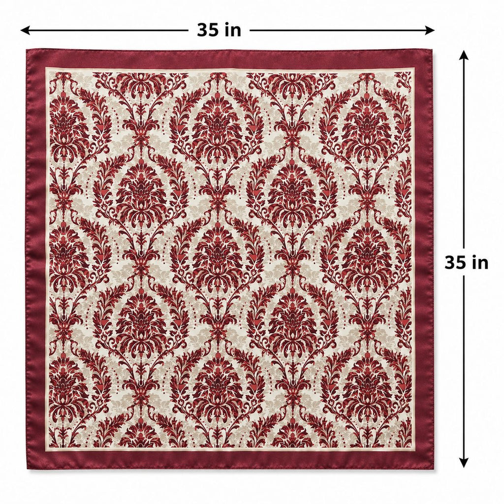 Burgundy Cream Damask Wild Rag Scarf 35x35 Satin Polyester Western