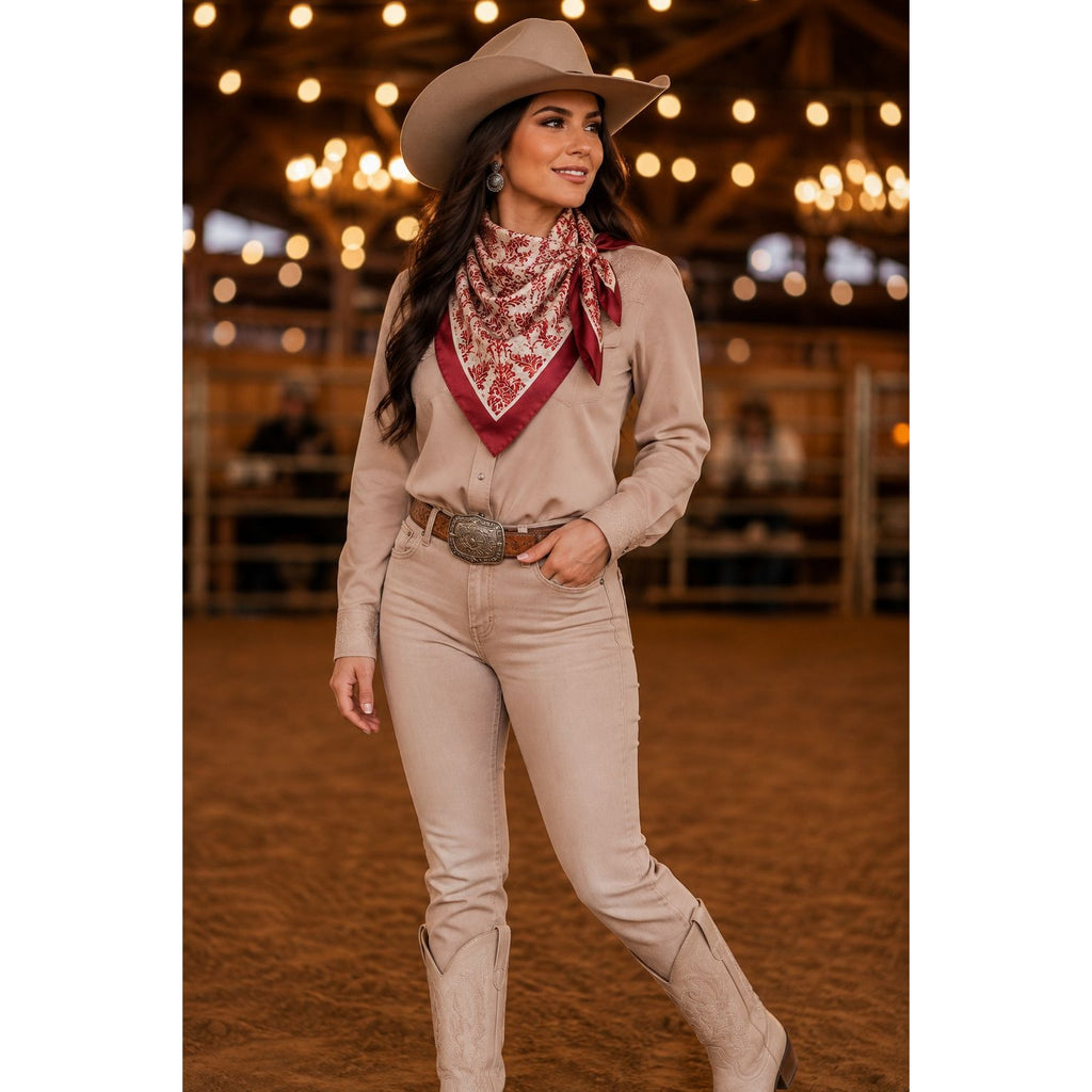 Burgundy Cream Damask Wild Rag Scarf 35x35 Satin Polyester Western
